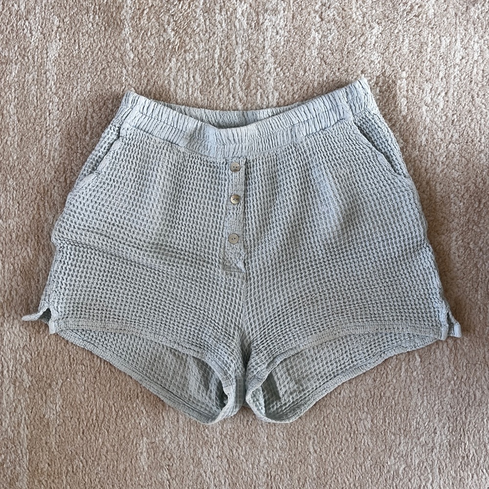 DONNI. High Waist Waffle Knit Shorts in Light Blue